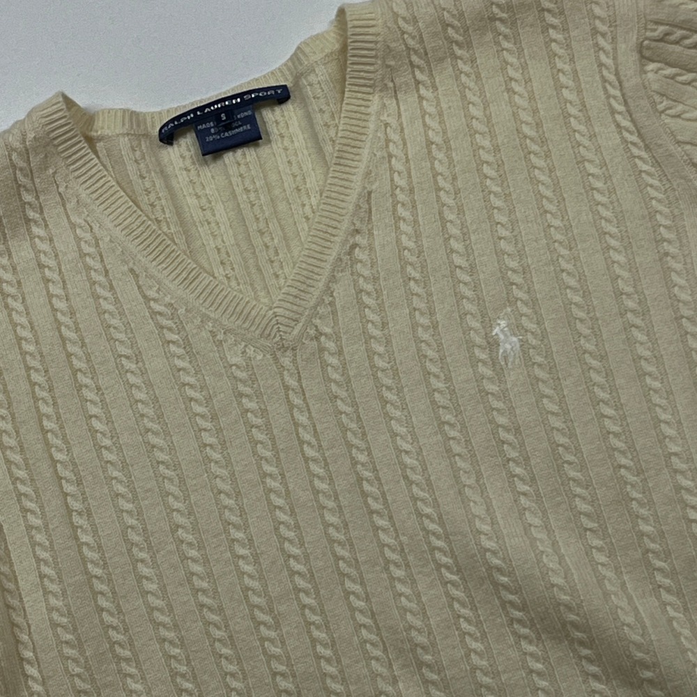 Ralph Lauren Sport Wool Cashmere Cable Knit V-Neck Sweater Size S Cream Top